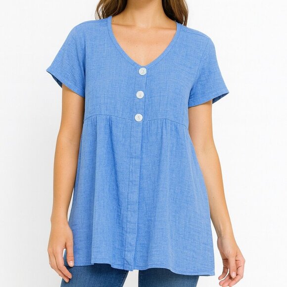 Flax by Jeanne Engelhart Linen Tunic Top Relaxed Button Front Lagenlook - Picture 1 of 15